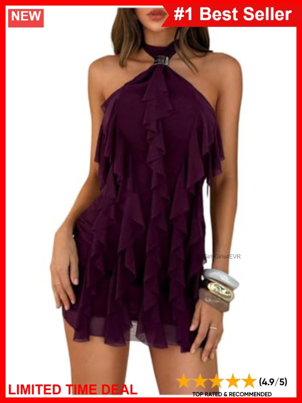 Ruffle Trim Halter Mini Dress Sleeveless Tie Back A-Line Party Night Out